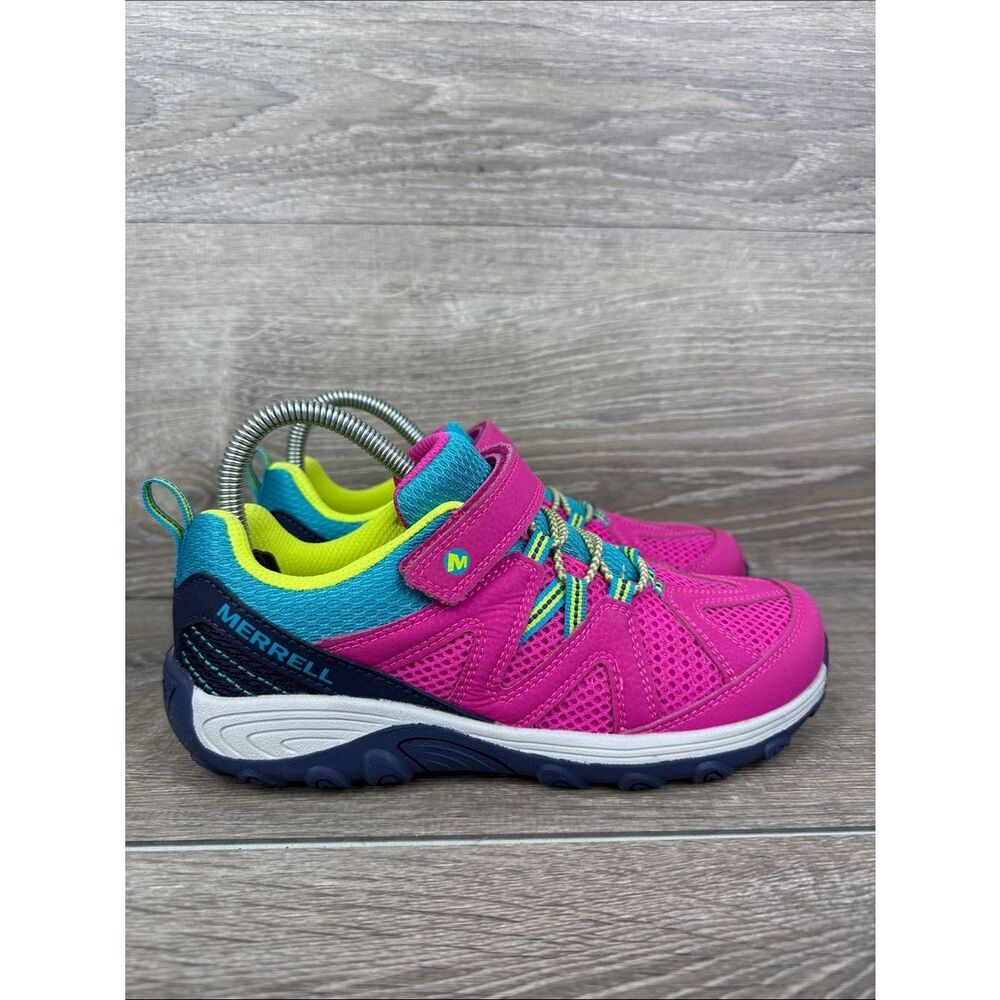 Merrell Ridge Trek Jr Big Girl Sz 4.5W Pink Leather Blue Hook & Loop Sneakers
